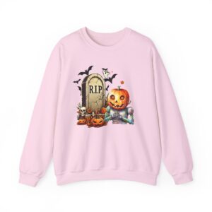 This Gildan 18000 Crewneck Sweatshirt from the Robot Pumpkin by Spooky Gravestone collection features a cozy, vintage-inspired direct-to-garment print depicting a tombstone, pumpkins, bats, a skeleton, and a robot pumpkin head. Perfect for unisex fall apparel!